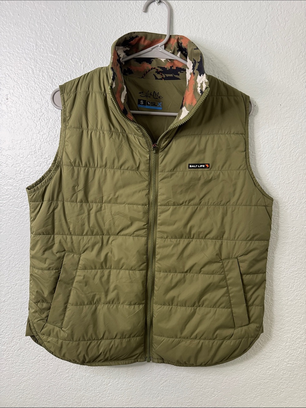 Salt Life Olive Green Quilted Men's Vest with Camo Trim